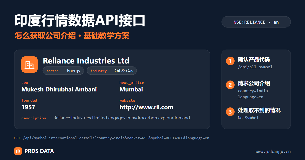 怎么用印度行情数据API接口获取公司介绍：以 NSE 的 RELIANCE 为例，一次请求取到名称、简介、板块、行业、CEO、官网